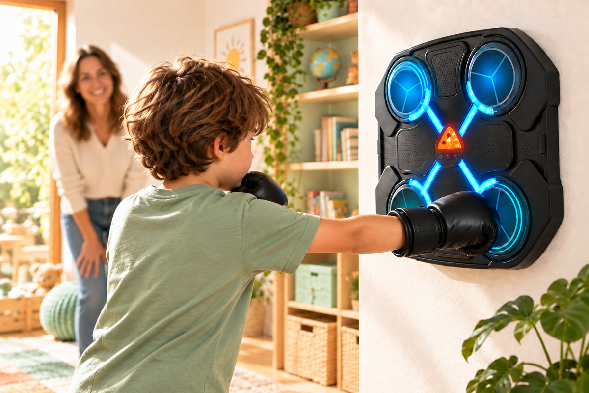 Niño jugando con el panel de boxeo musical de cuatro zonas