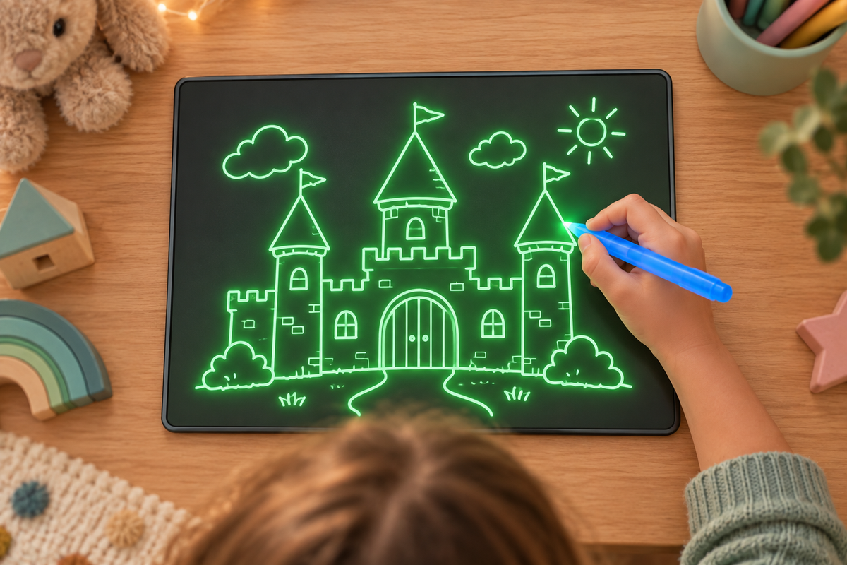 Pizarra mágica LED con castillo luminoso orientado correctamente