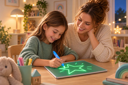 Niña dibujando una estrella luminosa en la pizarra LED