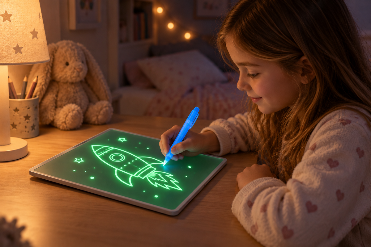 Niña dibujando un cohete luminoso en la pizarra LED