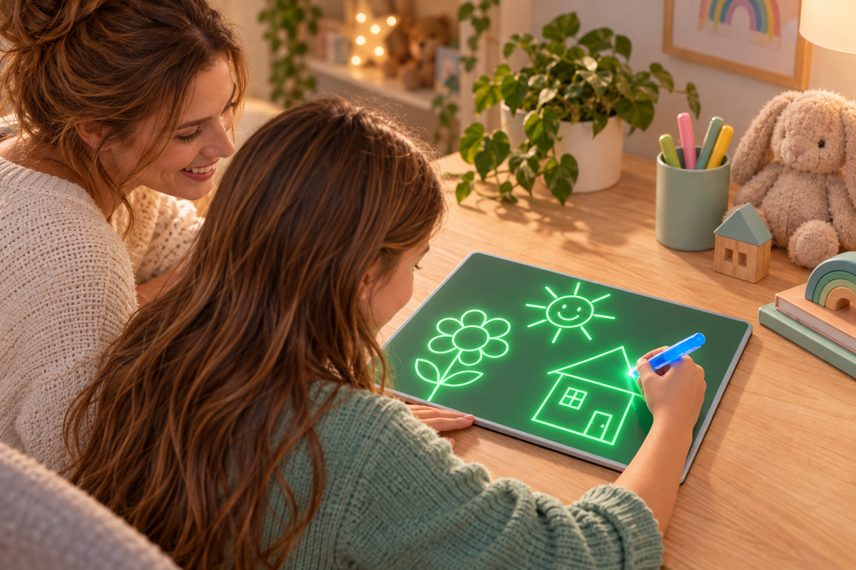 Niña y madre creando dibujos luminosos en la pizarra LED