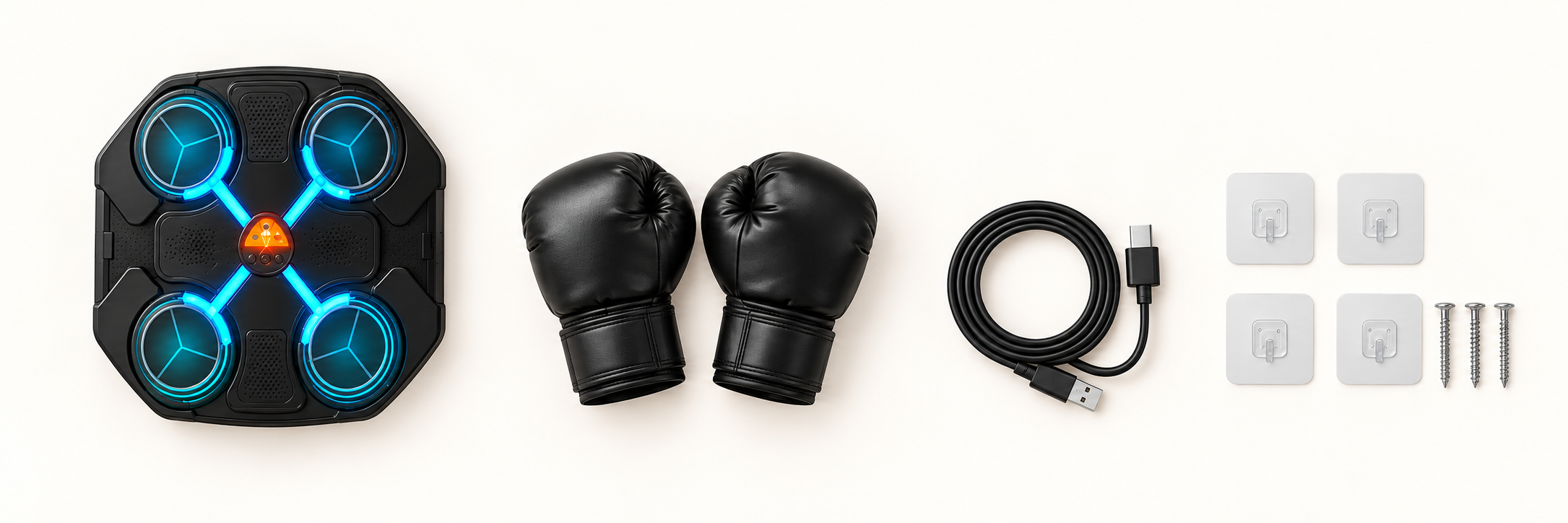 Máquina de boxeo musical con guantes, cable de carga y accesorios de montaje