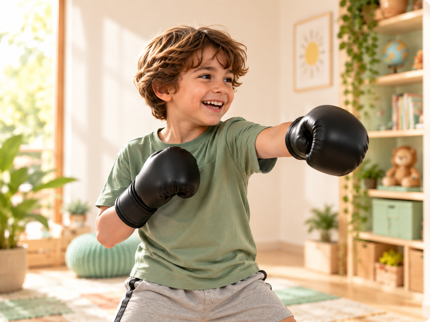 Niño sonriente jugando con guantes de boxeo