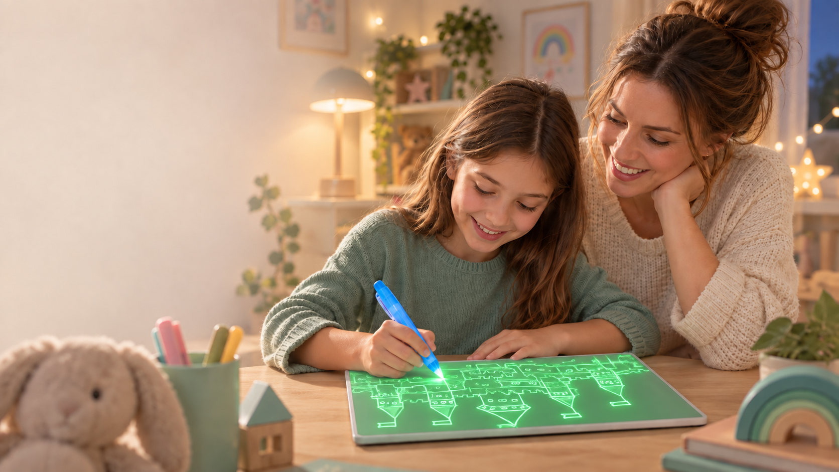 Una niña dibuja un castillo luminoso en la pizarra LED
