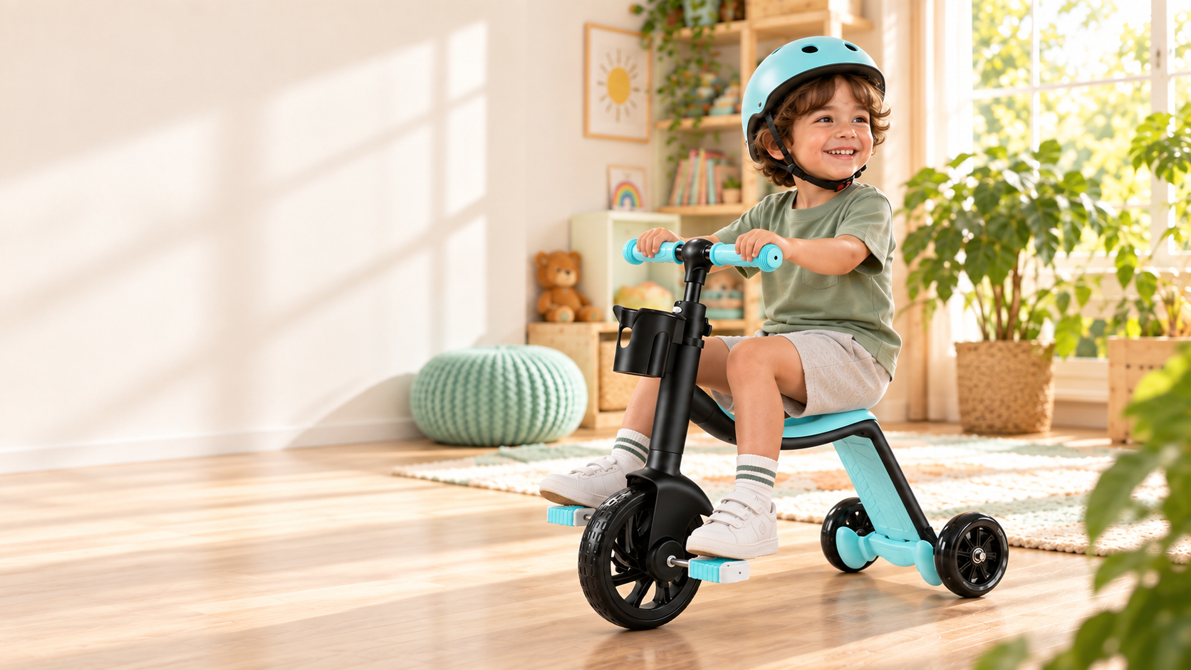 Un niño utiliza el patinete como triciclo sentado con pedales
